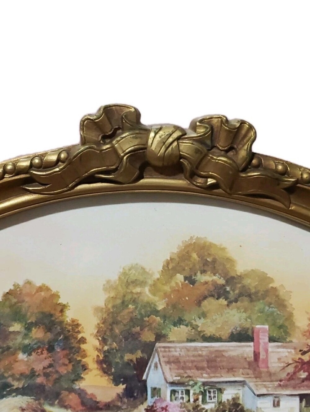 Vtg 1984 Homco Fan Shaped Framed Wall Art Autumn Country USA Homestead Bow Gold - Picture 2 of 8